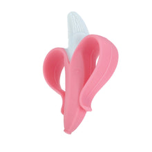 Pink banana-shaped infant toothbrush with white massage bristles