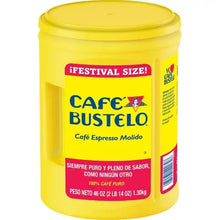 Cafe Bustelo ground espresso coffee canister with yellow front label and red badge
