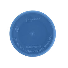 Blue plastic tumbler bottom with etched checkered pattern and recycling icons