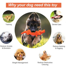 Orange crocodile squeaky chew toy with ridged body shown with a dog.