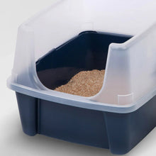 Navy open top cat litter box with shield and open entry, showing litter inside