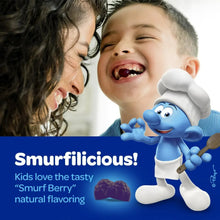 Smurf Berry flavored kids gummy pack with smiling child and Smurf mascot