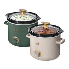 2 qt manual slow cooker set with lids, thyme green and porcini taupe, filled with food