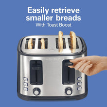 4-slice toaster front with extra-wide slots and a hand adjusting controls