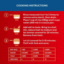 Cooking instructions chart for basmati rice with step numbers and serving table
