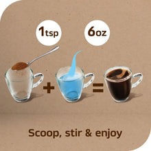 Instant coffee measuring guide: 1 tsp plus 6 oz cups with scoop and mugs