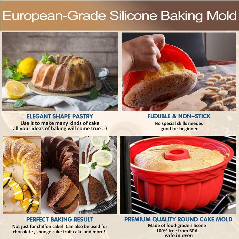 Silicone Baking Molds, European Grade Fluted Round Cake Pan, Non-Stick Cake Pan for Jello,Buntcake,Gelatin,Bread, 9.45 Inches Tube Bakeware Red