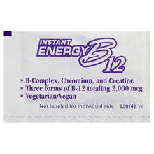 Instant Energy B12 packet back text listing B-Complex, Chromium, Creatine; vegetarian/vegan