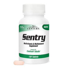 Adult multivitamin supplement bottle with Sentry label and 130 tablets, plus pink tablet