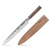 Kitchen slicer knife with patterned steel blade and dark wooden handle, with sheath