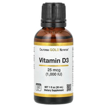 California Gold Nutrition Vitamin D3 oil bottle, 25 mcg (1,000 IU), 1 fl oz