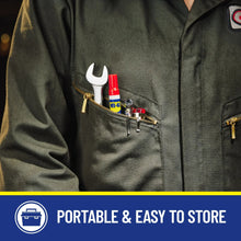 Green work jacket pocket holding a blue-and-white WD-40 Precision Pen lubricant