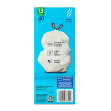 Back of 13-gallon tall kitchen drawstring trash bag package, fresh scent, 40 count