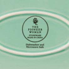Green stoneware serving tray with logo stamp; dishwasher and microwave safe
