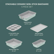 Mint green stackable ceramic nonstick bakeware 5-piece set with multiple pans