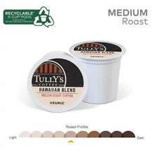 Tully's Hawaiian Blend K-Cup pods in two white cups with black and beige labels