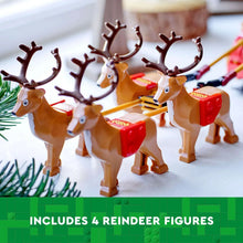 Four brown reindeer figures with antlers and small red packs in a row