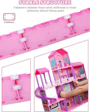 Pink dollhouse structure close-up with floor connectors and locking clips