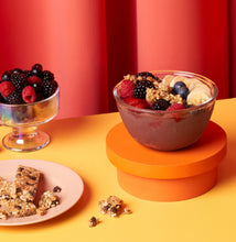 Granola bar pieces with berries in a bowl, chocolate chip flavor