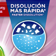 Laundry detergent powder bag close-up: blue faster dissolving bubble icon