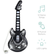 Black kids flash guitar toy with built-in mic, demo buttons, and LED lights.
