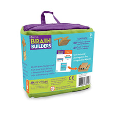 KEVA Brain Builders kit box back with contents list and wooden parts illustrations