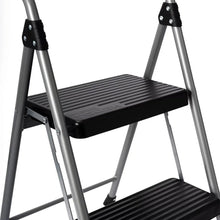 Black ribbed top and lower platforms on gray foldable 2-step steel step stool