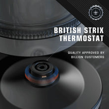 Electric glass kettle with circular heating base and visible control disc