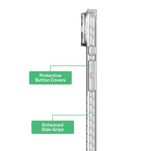 Clear gel phone case side view with protective button covers and grip ridges