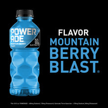 Blue POWERADE Mountain Berry Blast bottle with black cap and Mountain Berry Blast text