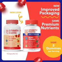Two multivitamin gummy supplement bottles with red caps, same 2 gummies per serving