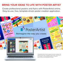 Wireless inkjet all-in-one printer beside laptop showing poster design on screen