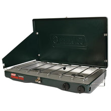 2-burner propane stove with open lid and metal cooking grates, dark green body