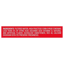 Juice pouch ingredients panel with red bar listing filtered water and vitamin C