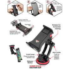 Black super stick suction phone mount with extendable base, rotating arm, red lock lever