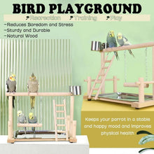 Wooden bird playground with ladder, hanging chains, and metal feeder cups beside stainless tray