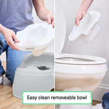Grey toddler training potty with removable white inner bowl lifted out