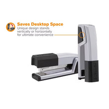 Bostitch desktop stapler standing upright with black base plate
