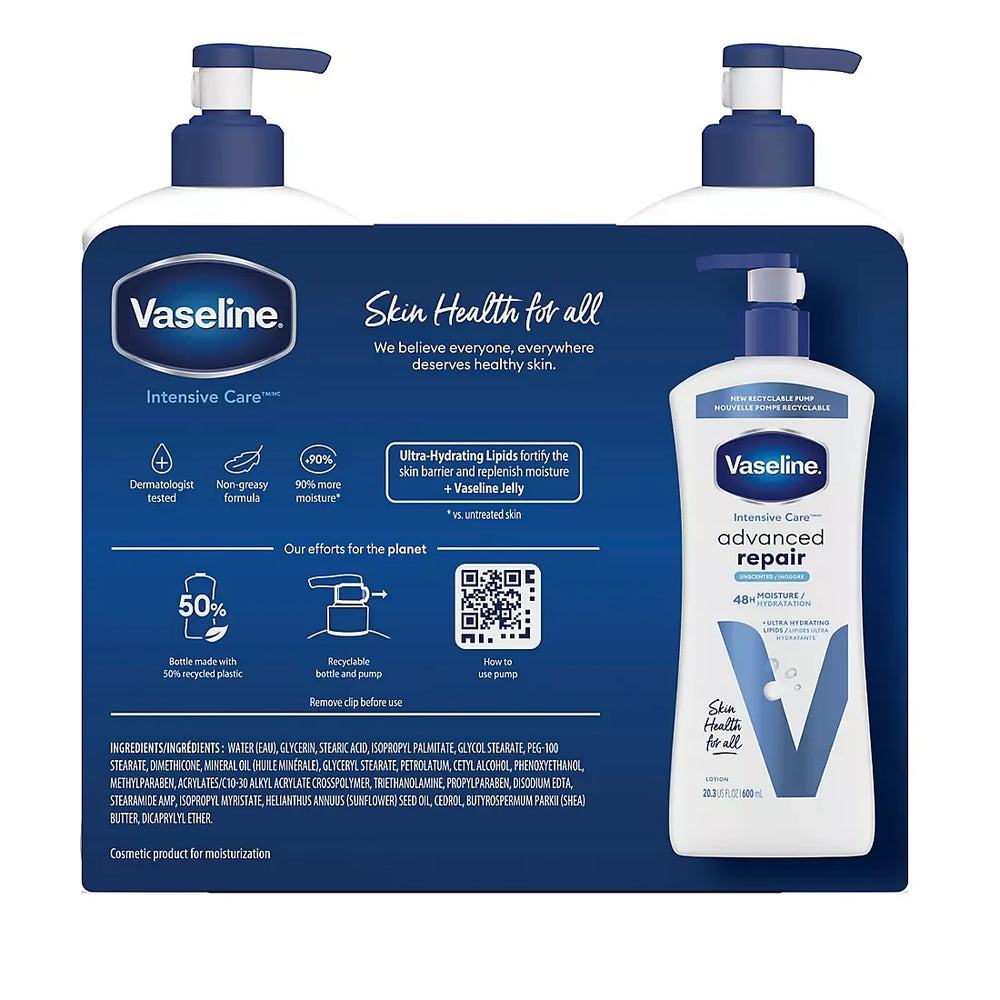 Vaseline Intensive Care Body Lotion, Advanced Repair, Unscented, 2 pk./20 oz. + Bonus 10 oz. Lotion - USA MEGA SHOP