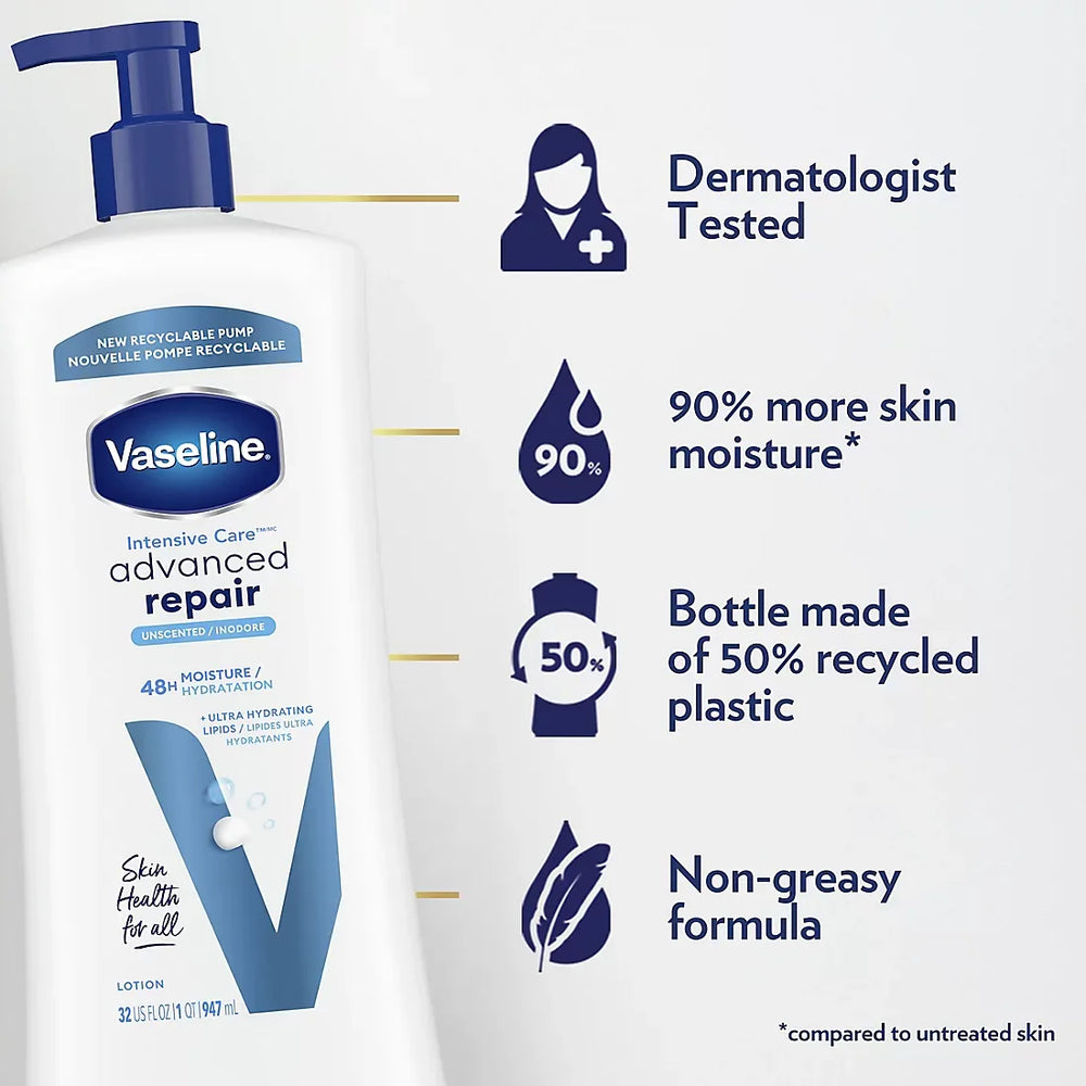 Vaseline Intensive Care Body Lotion, Advanced Repair, Unscented, 2 pk./20 oz. + Bonus 10 oz. Lotion - USA MEGA SHOP