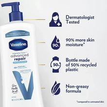 Vaseline advanced repair body lotion pump bottle with care icons and “Dermatologist Tested”