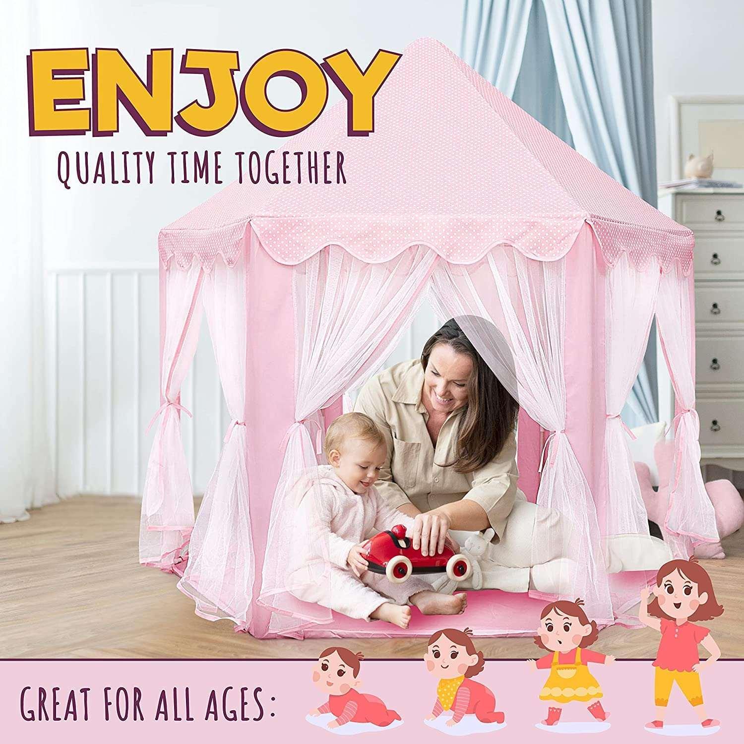 ORIAN Princess Castle Playhouse Tent for Girls with LED Star Lights – Indoor & Outdoor Large Kids Play Tent for Imaginative Games – Princess Tent, 230 Polyester Taffeta. Pink 55"x53". - USA MEGA SHOP