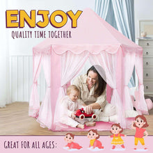 Pink princess play tent with sheer canopy curtains; adult and child playing inside.