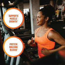 Sports amino acid supplement ad with woman holding dumbbell in orange workout top