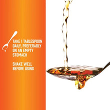 Instruction graphic showing liquid pouring into spoon; “Take 1 tablespoon daily”