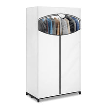White portable clothes closet with curved front window and two side panels, metal frame