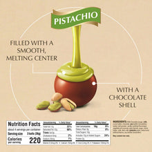 Pistachio-filled milk chocolate truffle illustration with nutrition facts panel