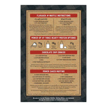 Back panel instructions for flapjacks, waffles, and protein options