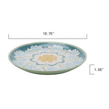 Bamboo melamine dinner plate with blue floral ring pattern and yellow center flower