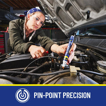 Precision pen lubricant applied to engine parts with the white tip on a blue-and-white pen